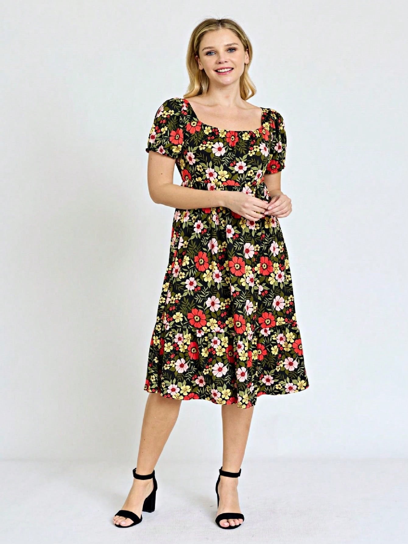 Boho Retro Ditsy Floral Flutter Puff Sleeve Square Neck Tiered Ruffle Tea Midi Length Classic Bridgerton Dress