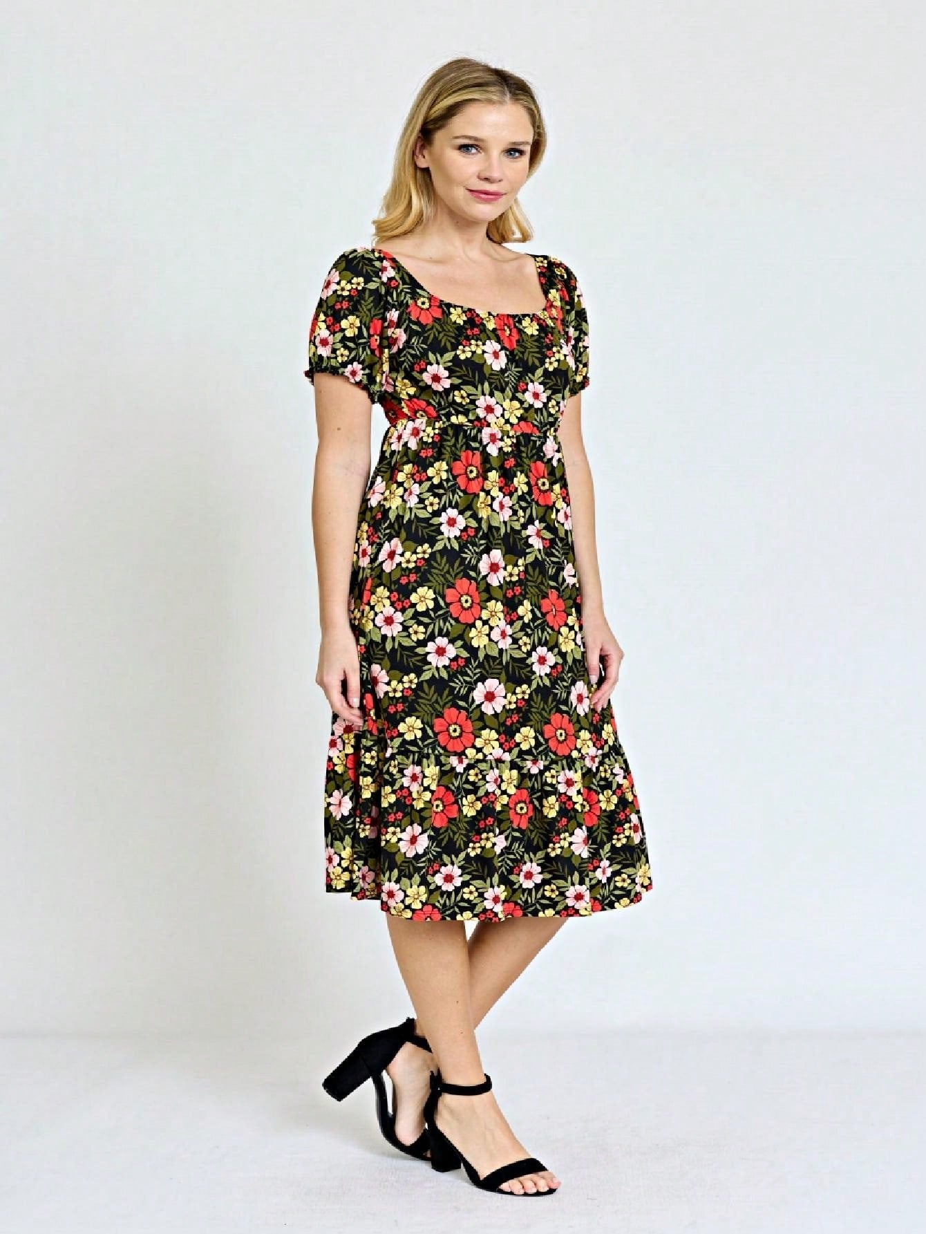 Boho Retro Ditsy Floral Flutter Puff Sleeve Square Neck Tiered Ruffle Tea Midi Length Classic Bridgerton Dress