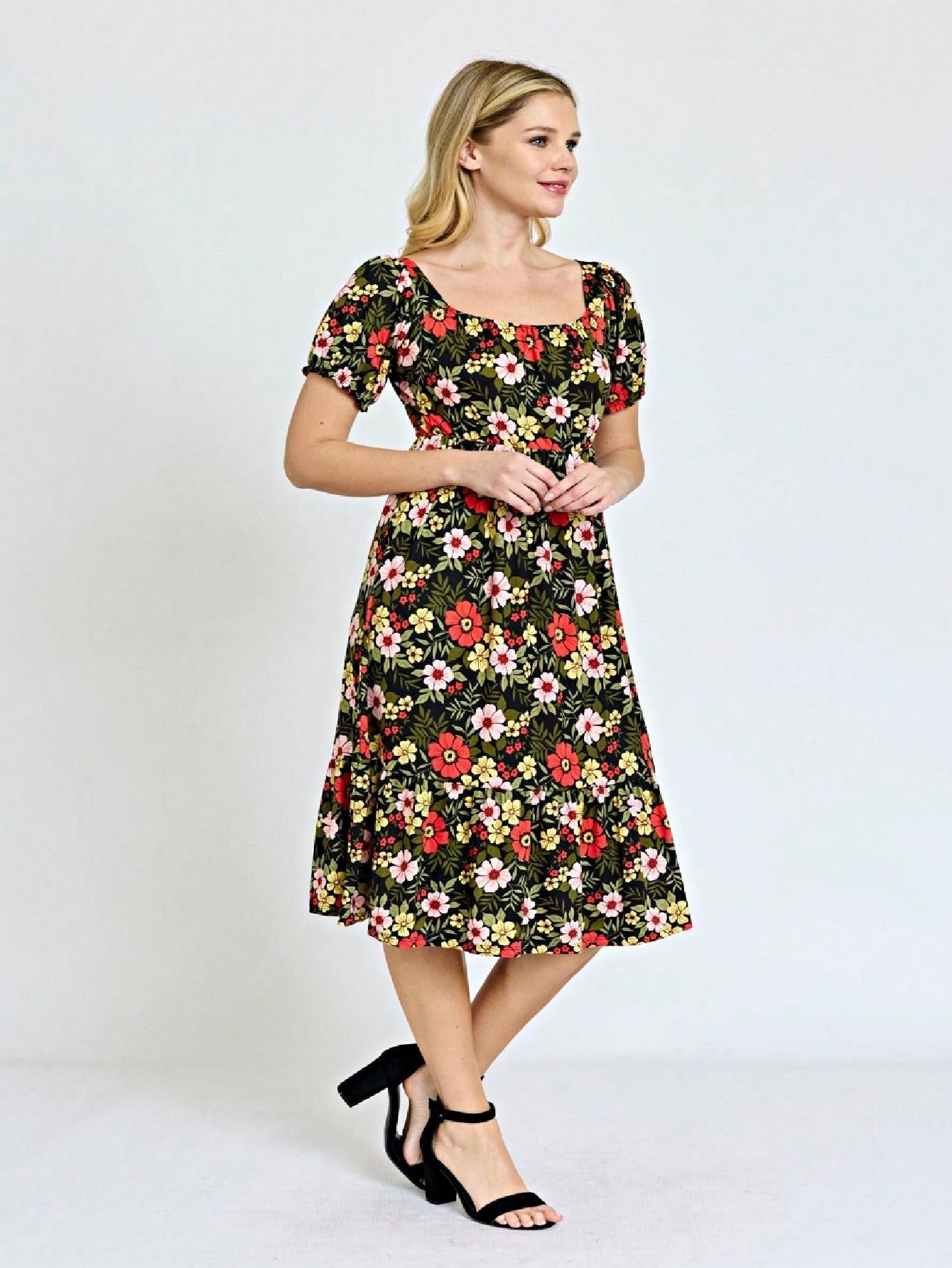 Boho Retro Ditsy Floral Flutter Puff Sleeve Square Neck Tiered Ruffle Tea Midi Length Classic Bridgerton Dress