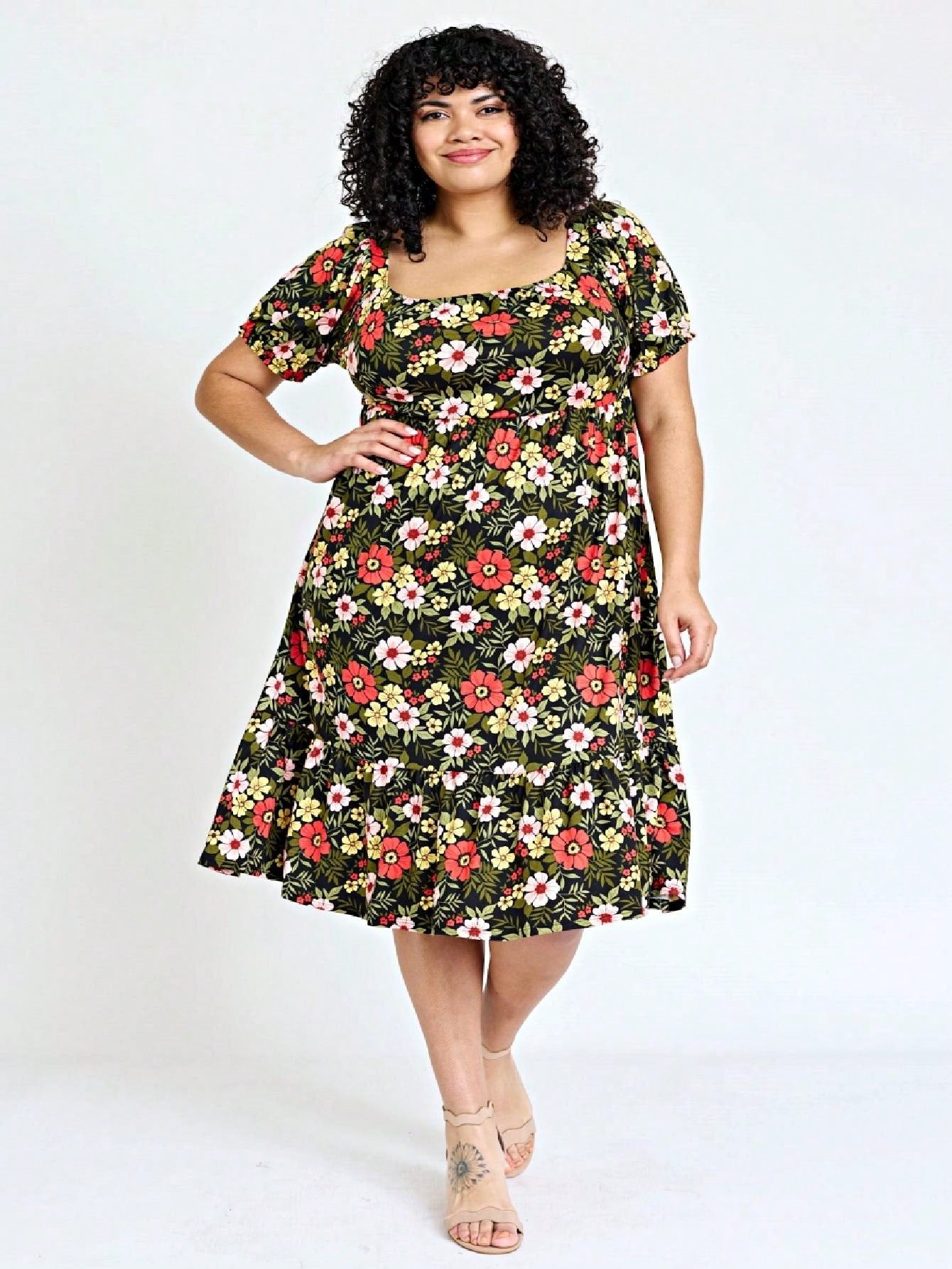 Boho Retro Ditsy Floral Flutter Puff Sleeve Square Neck Tiered Ruffle Tea Midi Length Classic Bridgerton Dress