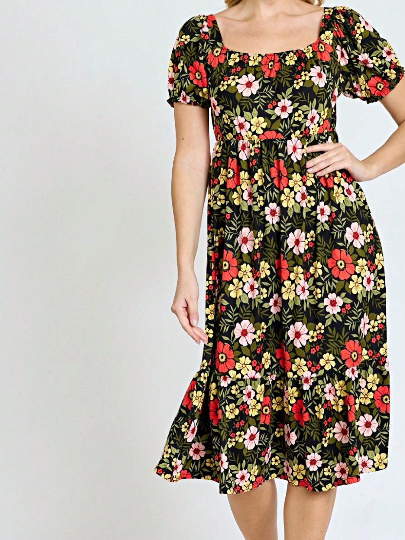 Boho Retro Ditsy Floral Flutter Puff Sleeve Square Neck Tiered Ruffle Tea Midi Length Classic Bridgerton Dress