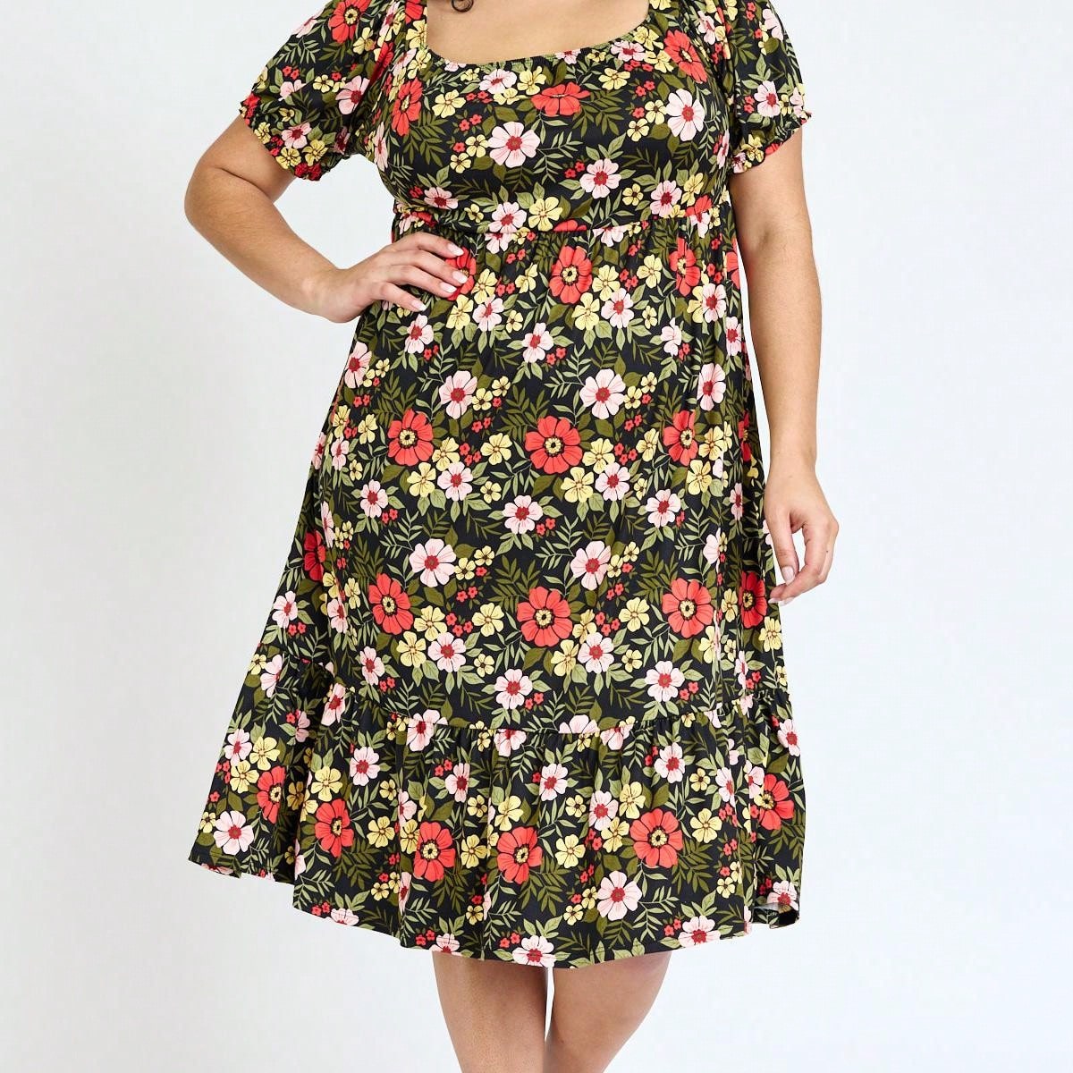 Boho Retro Ditsy Floral Flutter Puff Sleeve Square Neck Tiered Ruffle Tea Midi Length Classic Bridgerton Dress