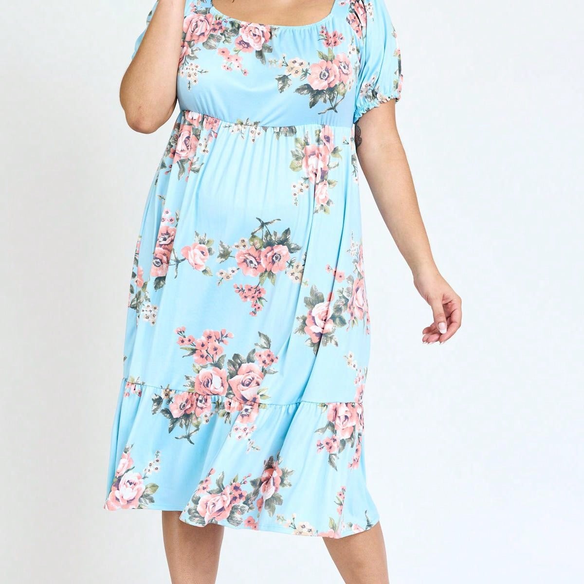 Boho Retro Ditsy Floral Flutter Puff Sleeve Square Neck Tiered Ruffle Tea Midi Length Classic Bridgerton Dress