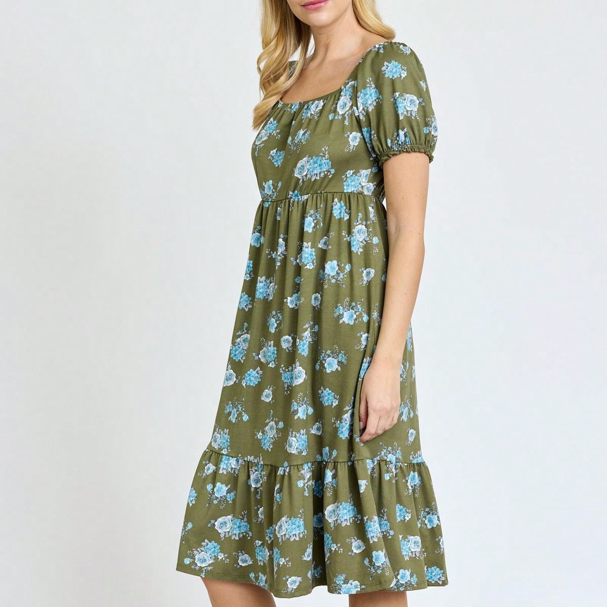 Boho Retro Ditsy Floral Flutter Puff Sleeve Square Neck Tiered Ruffle Tea Midi Length Classic Bridgerton Dress