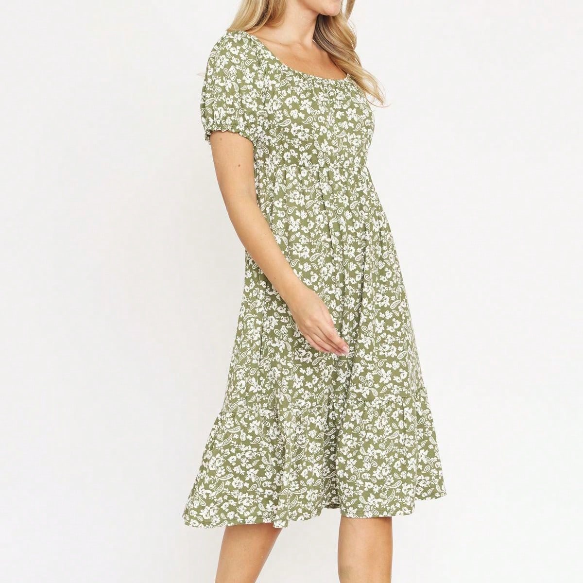Boho Retro Ditsy Floral Flutter Puff Sleeve Square Neck Tiered Ruffle Tea Midi Length Classic Bridgerton Dress