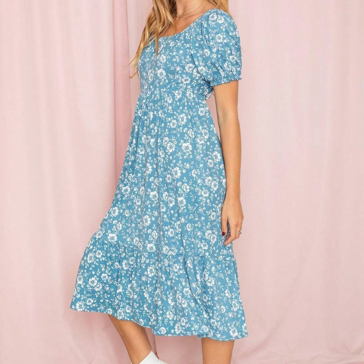 Boho Retro Ditsy Floral Flutter Puff Sleeve Square Neck Tiered Ruffle Tea Midi Length Classic Bridgerton Dress