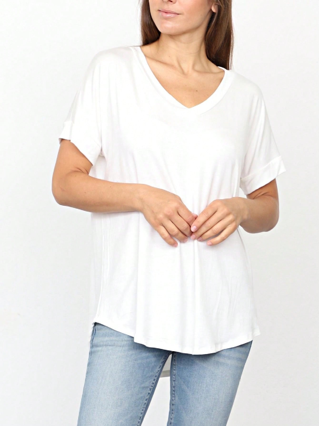Summer Cool Every Day Soft Cuff Short Sleeve V Neck High And Low Top T Shirt Tunic For Leggings And Shorts |  Small -3 XL