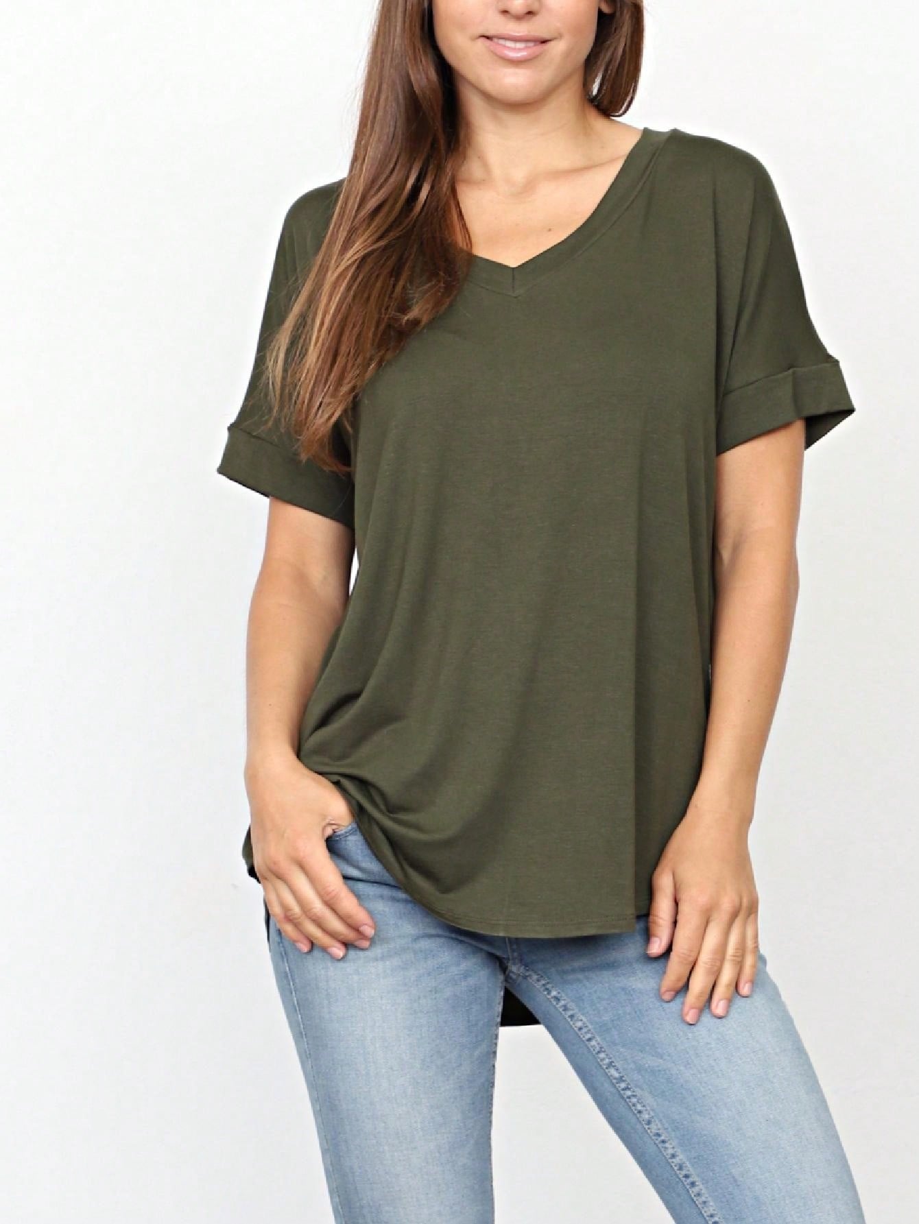 Summer Cool Every Day Soft Cuff Short Sleeve V Neck High And Low Top T Shirt Tunic For Leggings And Shorts |  Small -3 XL