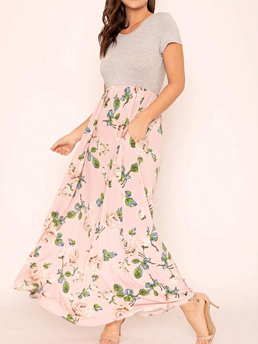 Boho Retro Multi Ditsy Floral Stripe Blue Charcoal Black Coral Short Sleeve Maxi Long Dress With Pocket | S-3X