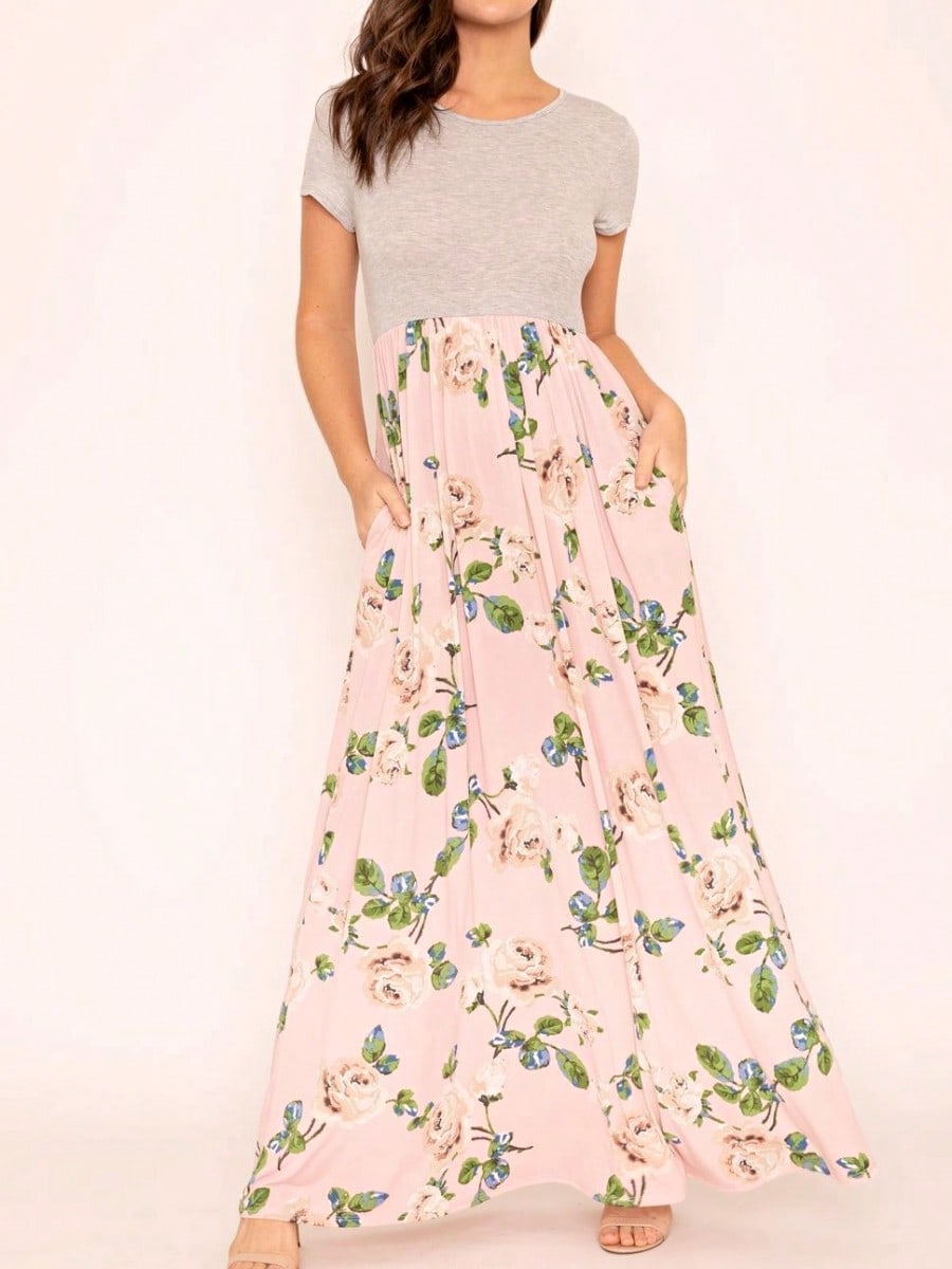 Boho Retro Multi Ditsy Floral Stripe Blue Charcoal Black Coral Short Sleeve Maxi Long Dress With Pocket | S-3X