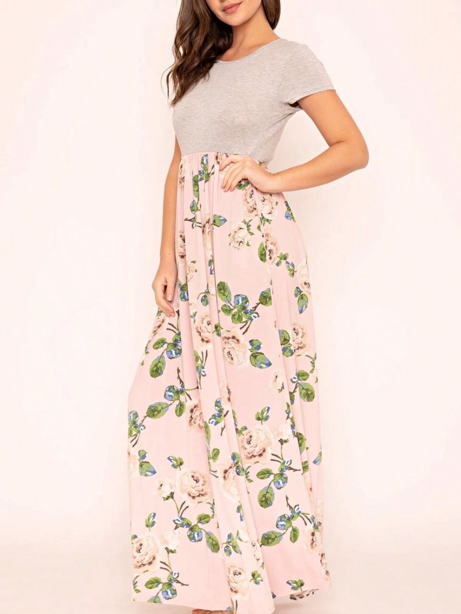 Boho Retro Multi Ditsy Floral Stripe Blue Charcoal Black Coral Short Sleeve Maxi Long Dress With Pocket | S-3X