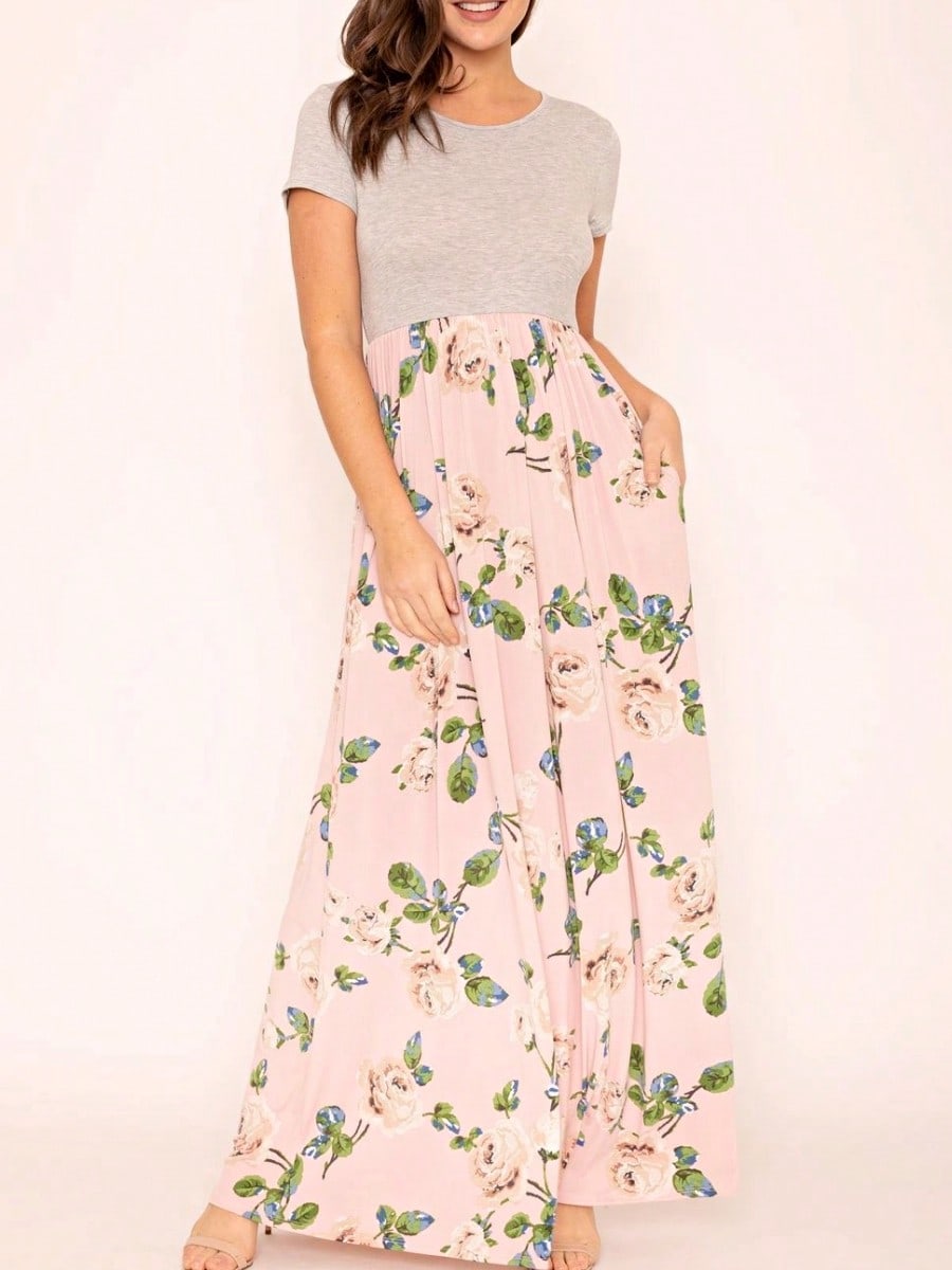 Boho Retro Multi Ditsy Floral Stripe Blue Charcoal Black Coral Short Sleeve Maxi Long Dress With Pocket | S-3X
