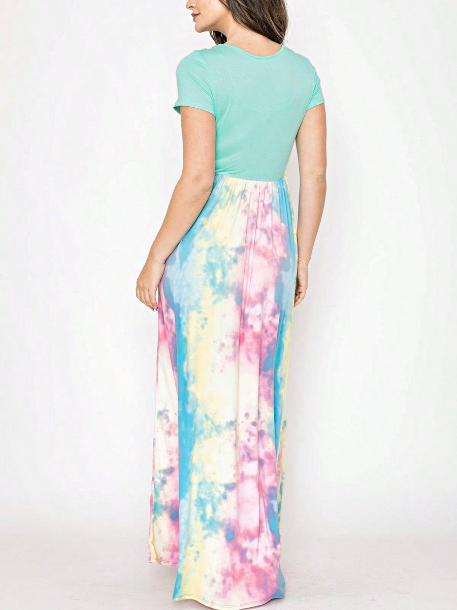 Boho Retro Multi Ditsy Floral Stripe Blue Charcoal Black Coral Short Sleeve Maxi Long Dress With Pocket | S-3X