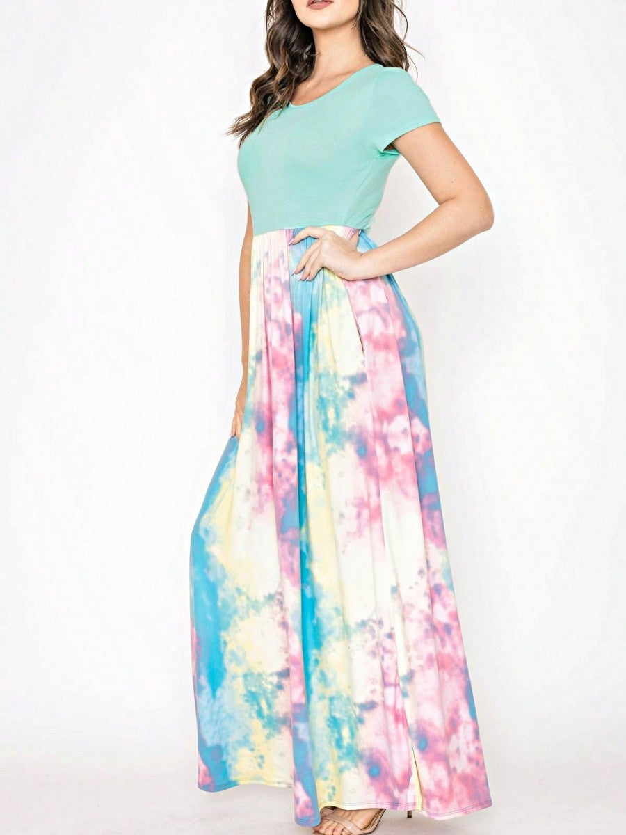Boho Retro Multi Ditsy Floral Stripe Blue Charcoal Black Coral Short Sleeve Maxi Long Dress With Pocket | S-3X