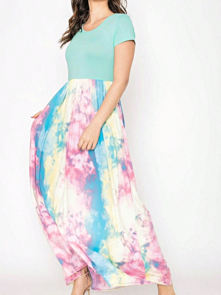 Boho Retro Multi Ditsy Floral Stripe Blue Charcoal Black Coral Short Sleeve Maxi Long Dress With Pocket | S-3X