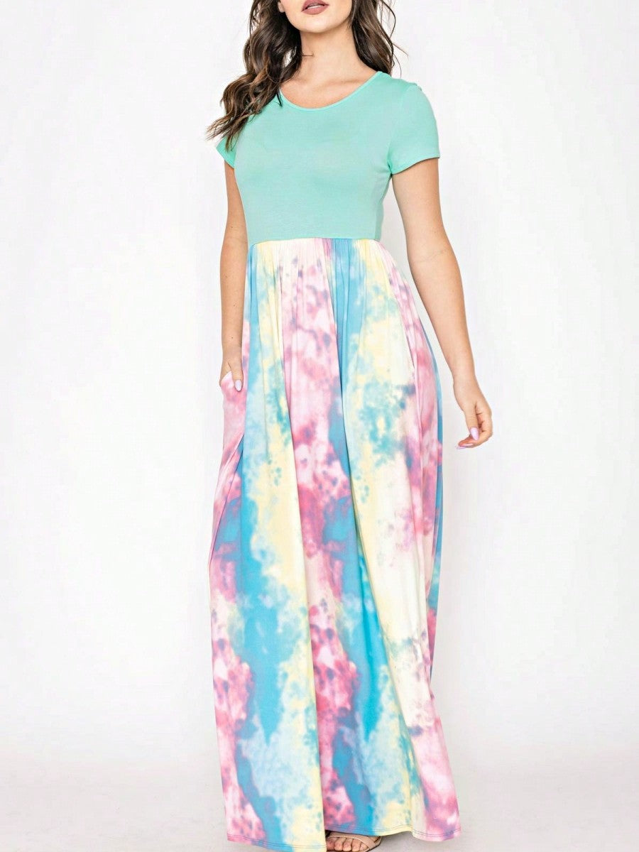 Boho Retro Multi Ditsy Floral Stripe Blue Charcoal Black Coral Short Sleeve Maxi Long Dress With Pocket | S-3X