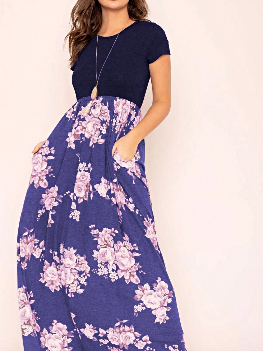 Boho Retro Multi Ditsy Floral Stripe Blue Charcoal Black Coral Short Sleeve Maxi Long Dress With Pocket | S-3X