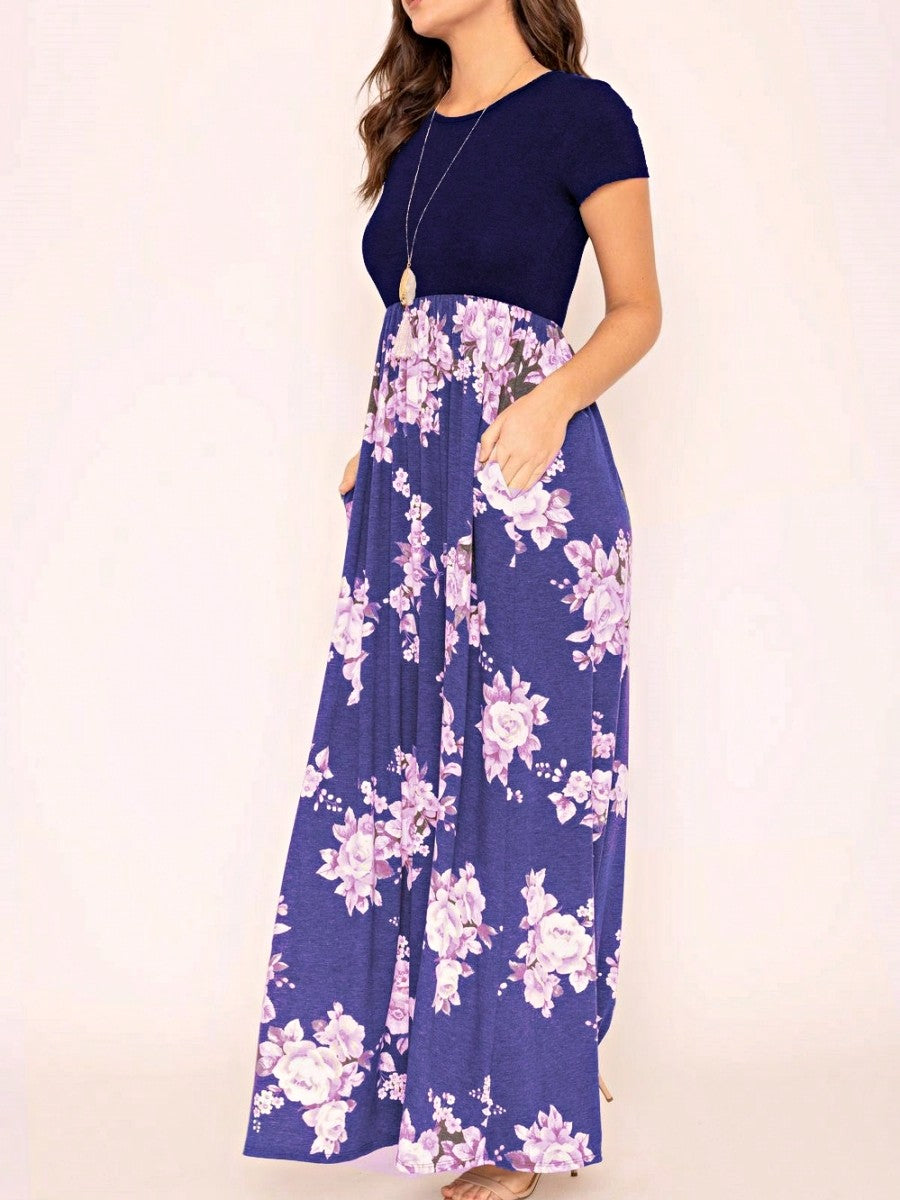 Boho Retro Multi Ditsy Floral Stripe Blue Charcoal Black Coral Short Sleeve Maxi Long Dress With Pocket | S-3X