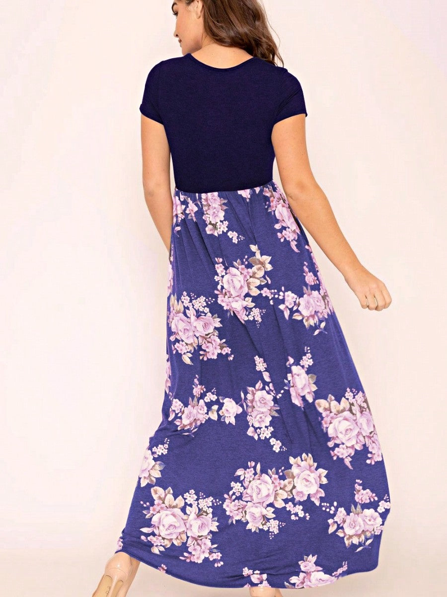 Boho Retro Multi Ditsy Floral Stripe Blue Charcoal Black Coral Short Sleeve Maxi Long Dress With Pocket | S-3X