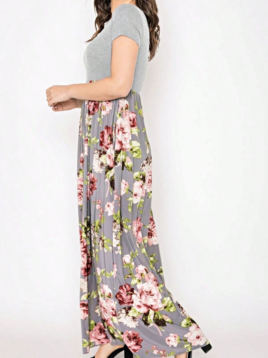 Boho Retro Multi Ditsy Floral Stripe Blue Charcoal Black Coral Short Sleeve Maxi Long Dress With Pocket | S-3X