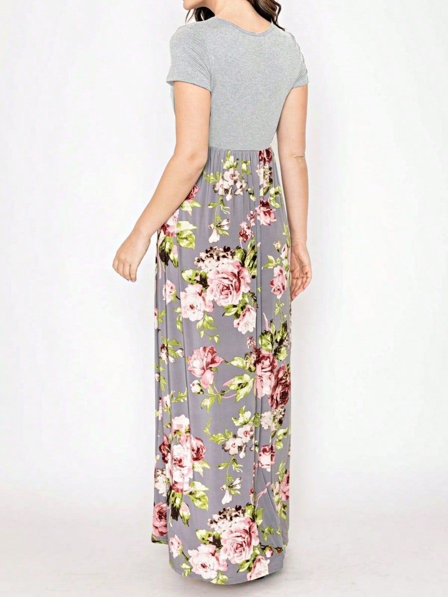 Boho Retro Multi Ditsy Floral Stripe Blue Charcoal Black Coral Short Sleeve Maxi Long Dress With Pocket | S-3X