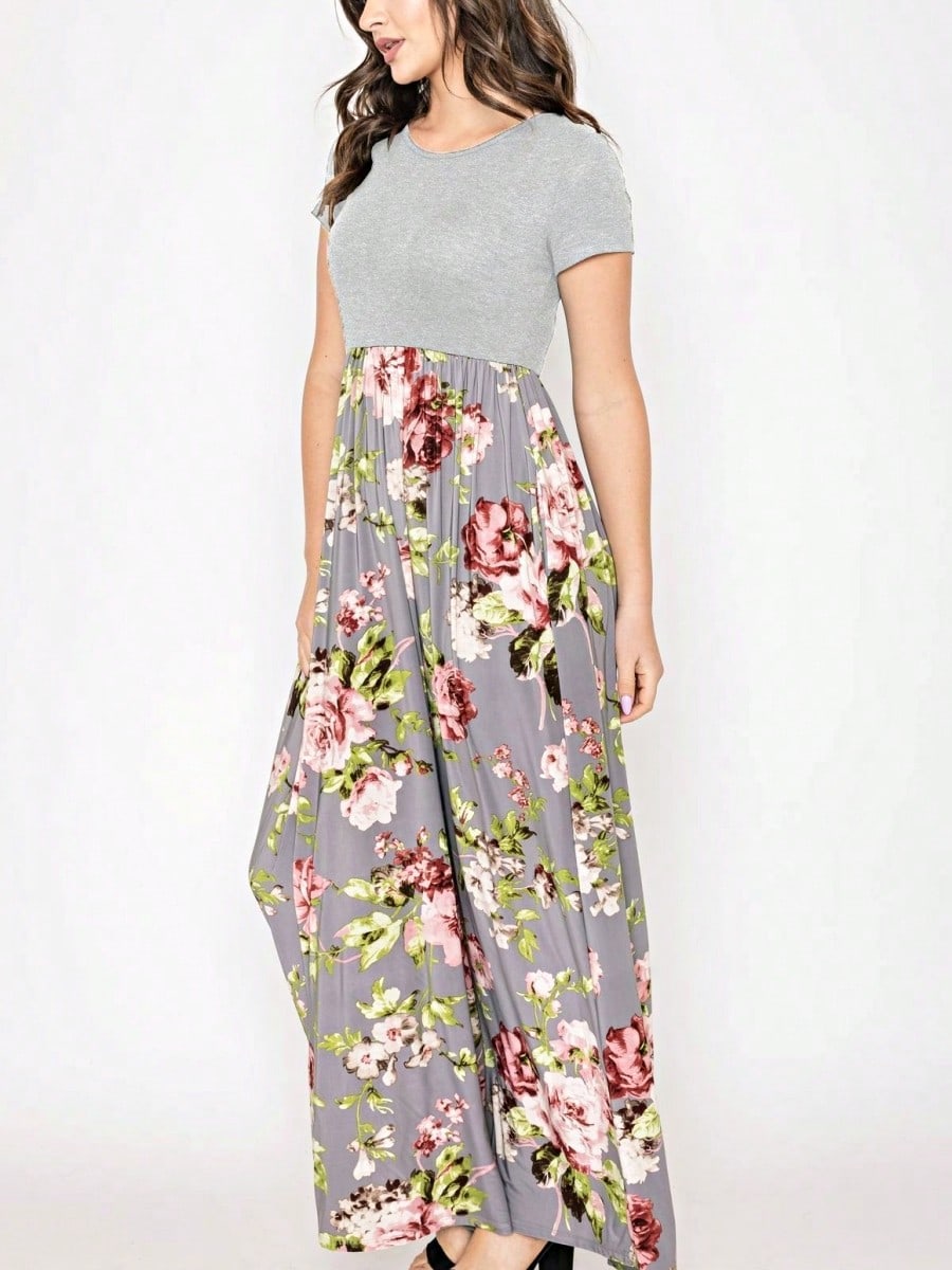 Boho Retro Multi Ditsy Floral Stripe Blue Charcoal Black Coral Short Sleeve Maxi Long Dress With Pocket | S-3X