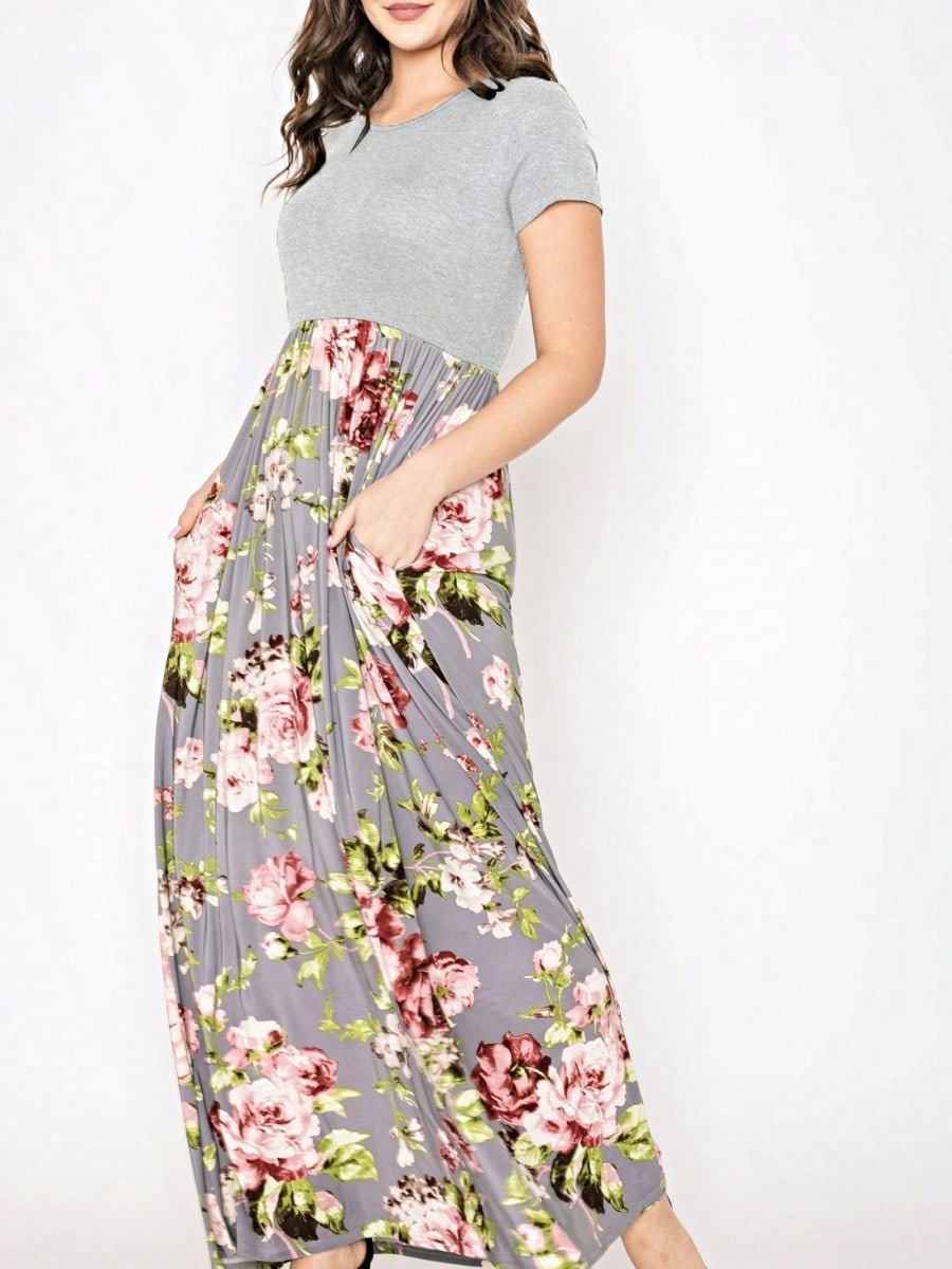 Boho Retro Multi Ditsy Floral Stripe Blue Charcoal Black Coral Short Sleeve Maxi Long Dress With Pocket | S-3X