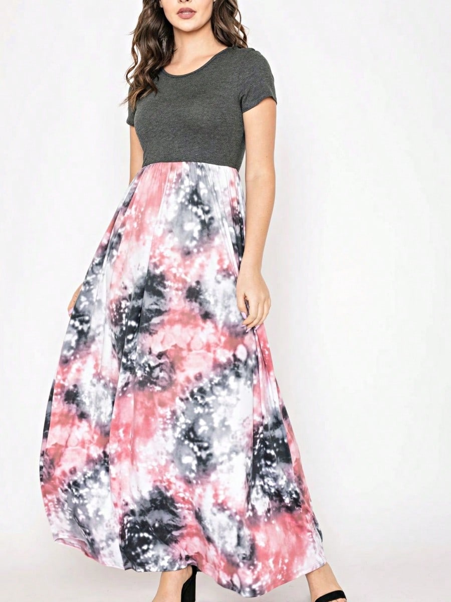 Boho Retro Multi Ditsy Floral Stripe Blue Charcoal Black Coral Short Sleeve Maxi Long Dress With Pocket | S-3X
