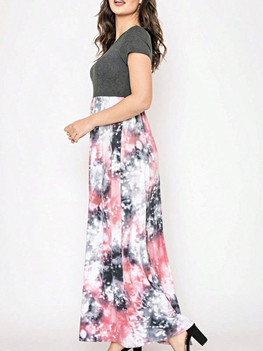 Boho Retro Multi Ditsy Floral Stripe Blue Charcoal Black Coral Short Sleeve Maxi Long Dress With Pocket | S-3X