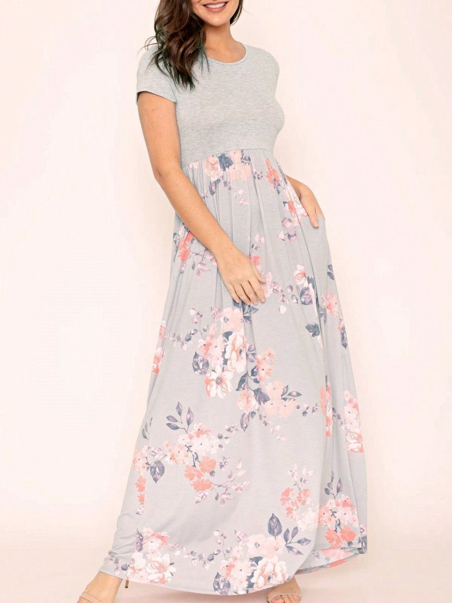 Boho Retro Multi Ditsy Floral Stripe Blue Charcoal Black Coral Short Sleeve Maxi Long Dress With Pocket | S-3X