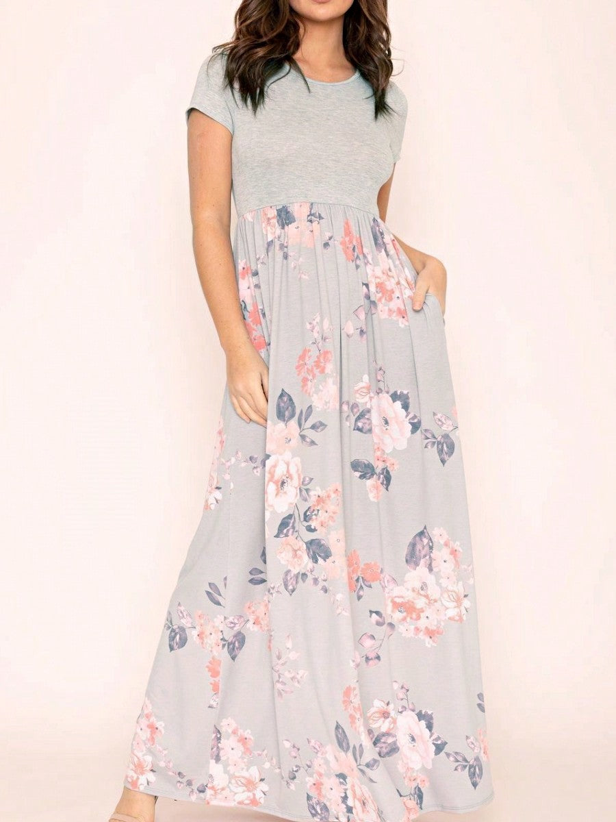 Boho Retro Multi Ditsy Floral Stripe Blue Charcoal Black Coral Short Sleeve Maxi Long Dress With Pocket | S-3X