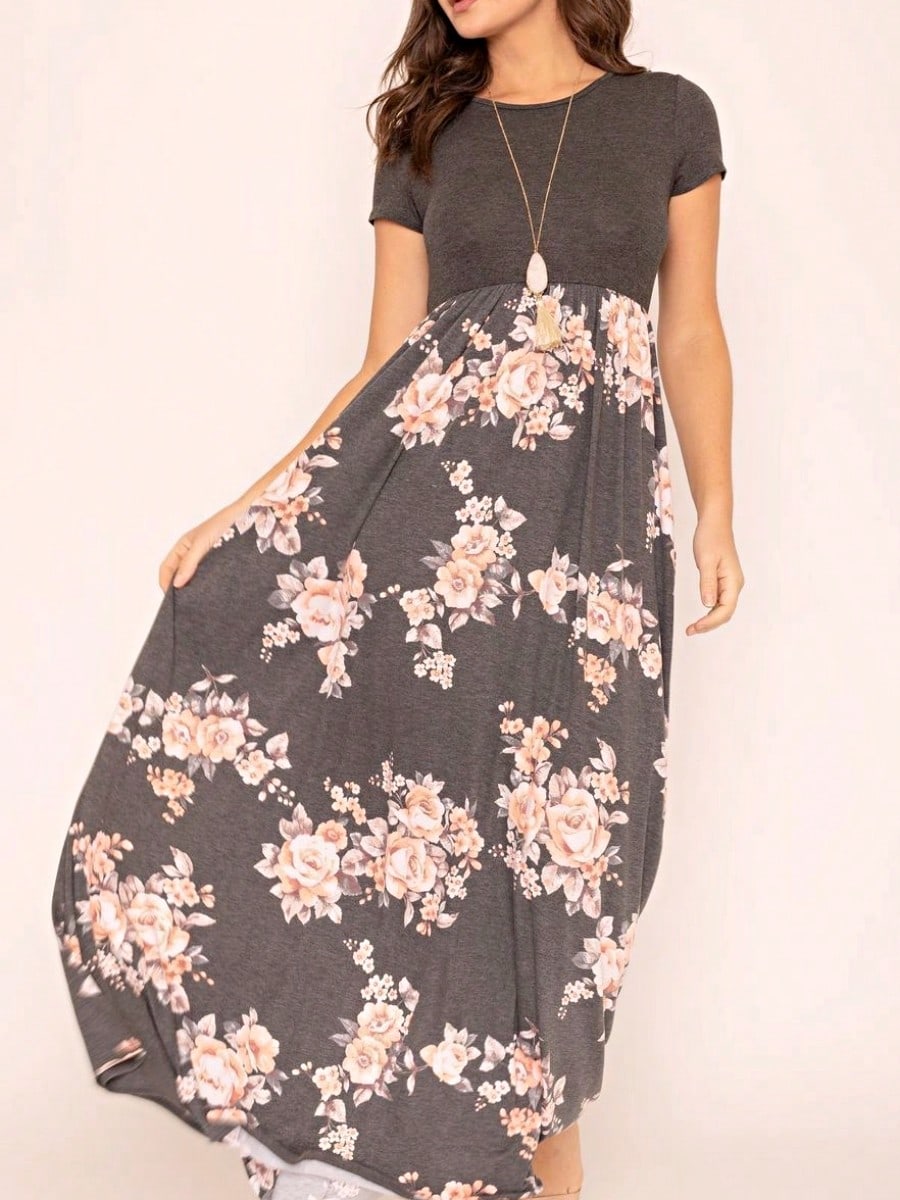 Boho Retro Multi Ditsy Floral Stripe Blue Charcoal Black Coral Short Sleeve Maxi Long Dress With Pocket | S-3X