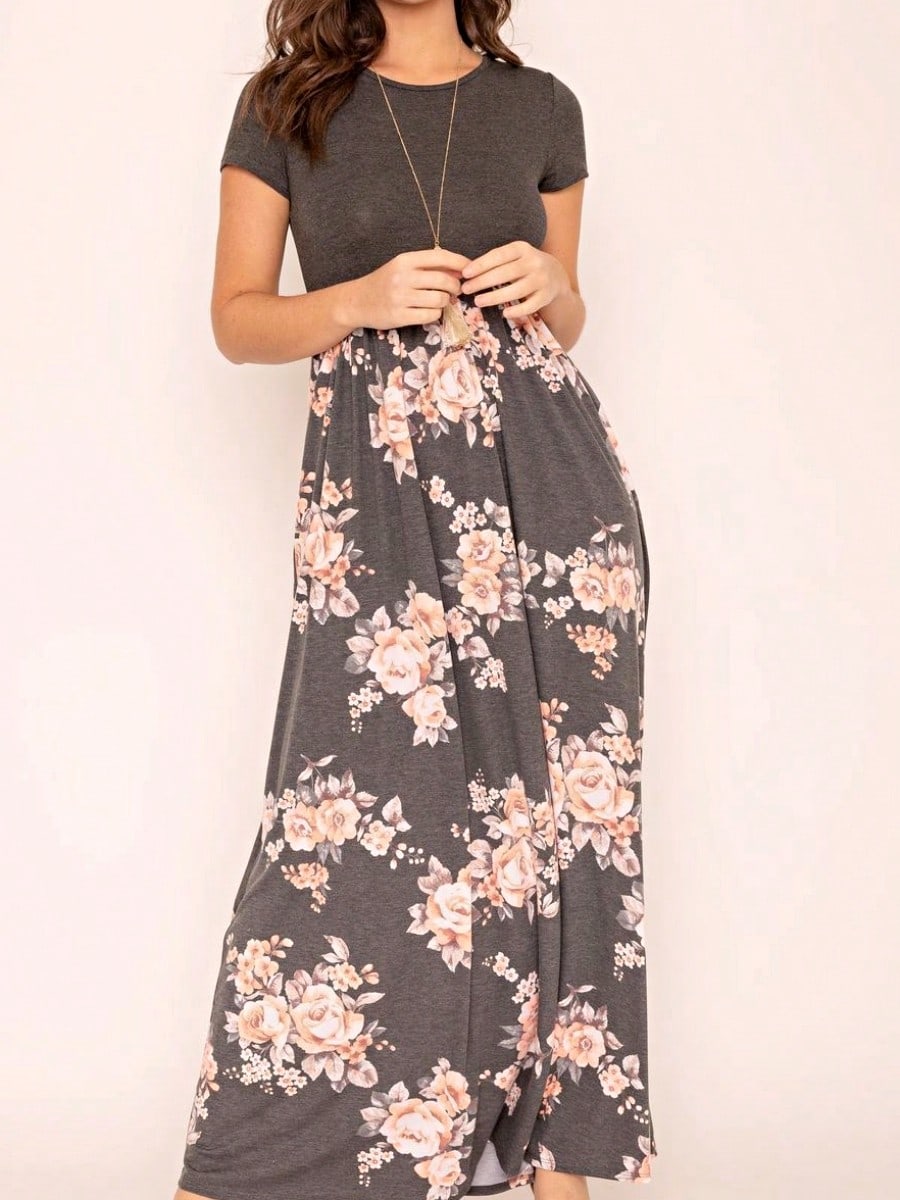 Boho Retro Multi Ditsy Floral Stripe Blue Charcoal Black Coral Short Sleeve Maxi Long Dress With Pocket | S-3X