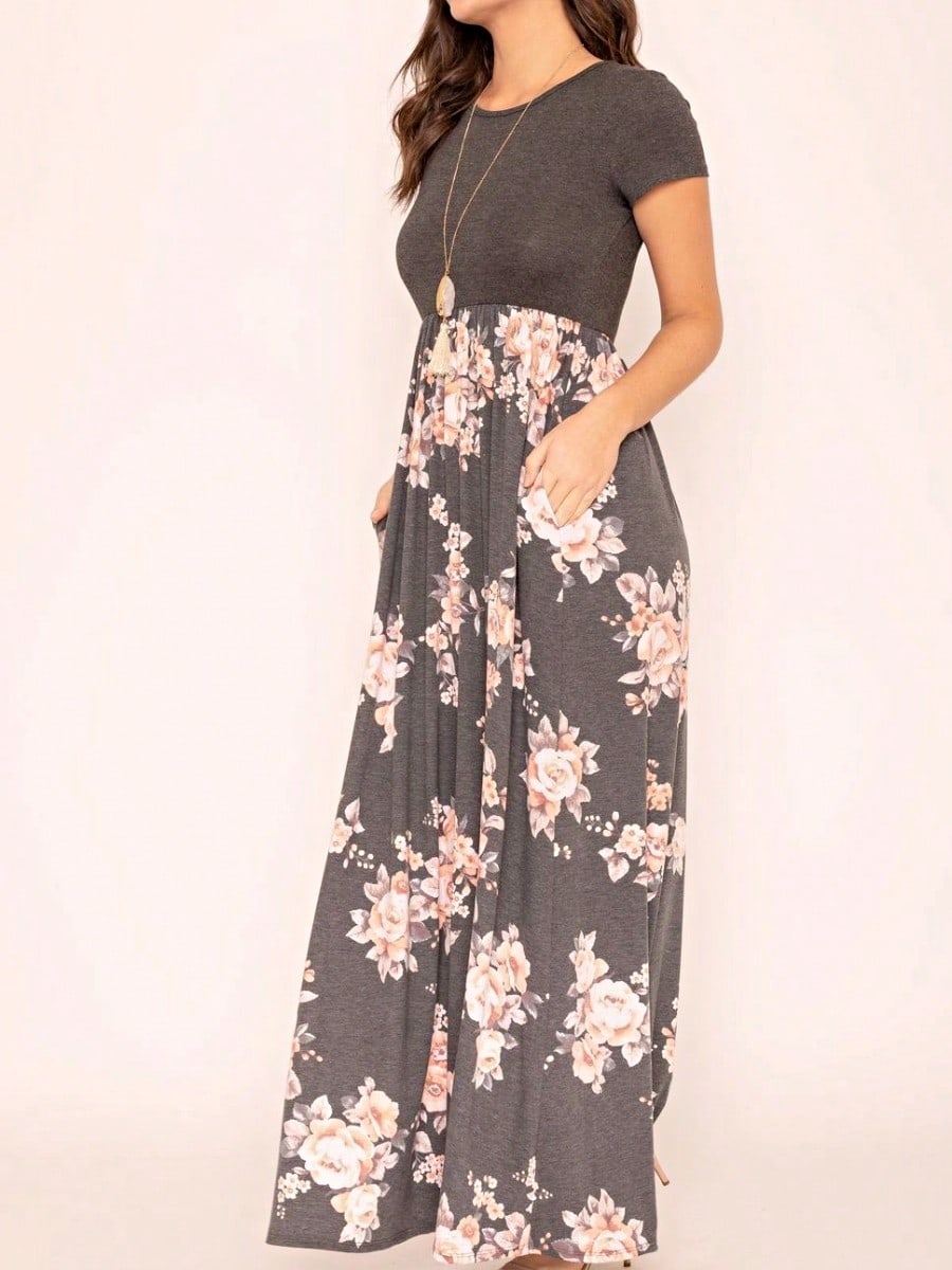 Boho Retro Multi Ditsy Floral Stripe Blue Charcoal Black Coral Short Sleeve Maxi Long Dress With Pocket | S-3X