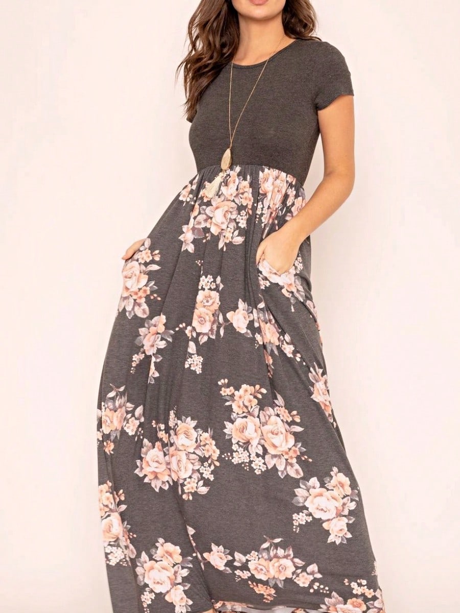 Boho Retro Multi Ditsy Floral Stripe Blue Charcoal Black Coral Short Sleeve Maxi Long Dress With Pocket | S-3X