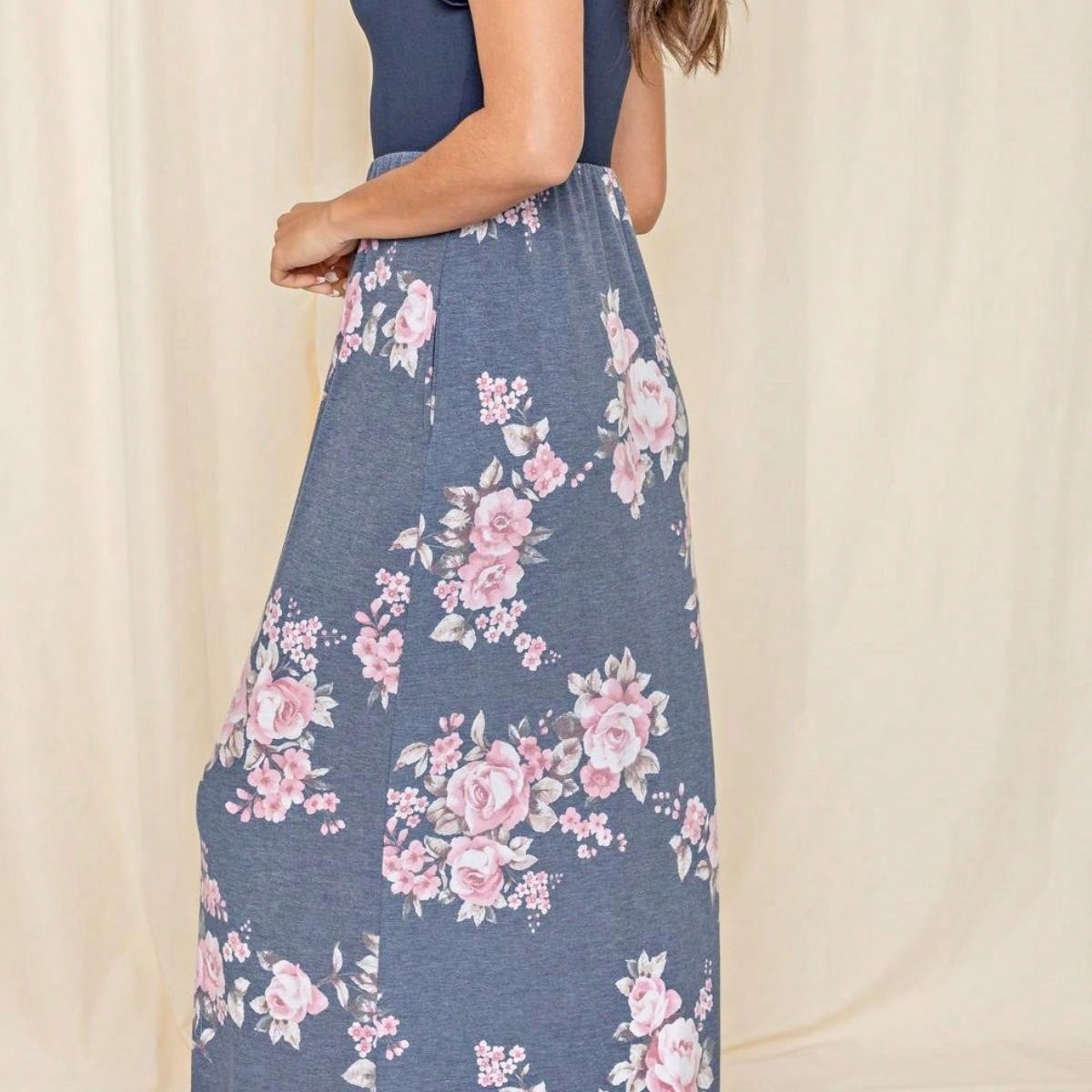 Boho Retro Multi Ditsy Floral Stripe Blue Charcoal Black Coral Short Sleeve Maxi Long Dress With Pocket | S-3X