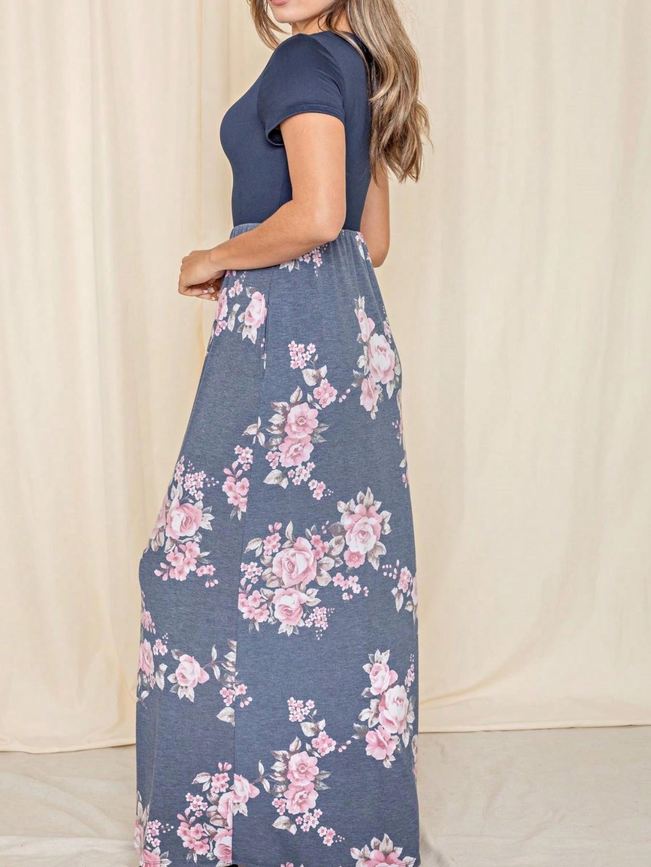 Boho Retro Multi Ditsy Floral Stripe Blue Charcoal Black Coral Short Sleeve Maxi Long Dress With Pocket | S-3X