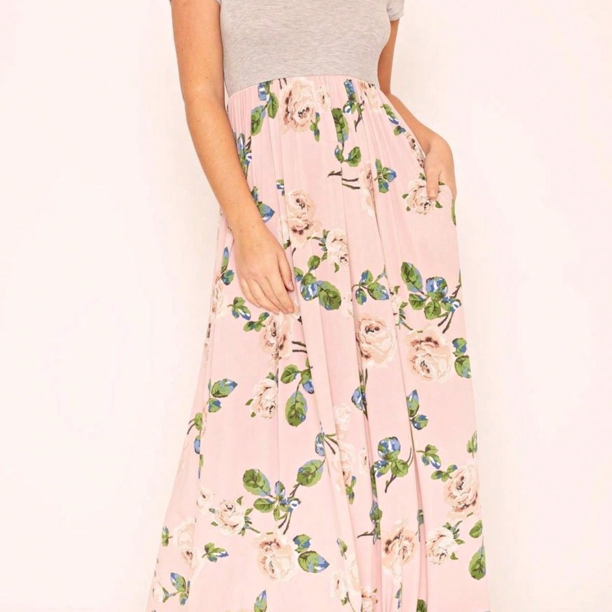 Boho Retro Multi Ditsy Floral Stripe Blue Charcoal Black Coral Short Sleeve Maxi Long Dress With Pocket | S-3X