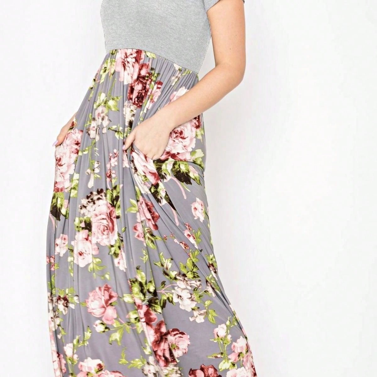 Boho Retro Multi Ditsy Floral Stripe Blue Charcoal Black Coral Short Sleeve Maxi Long Dress With Pocket | S-3X