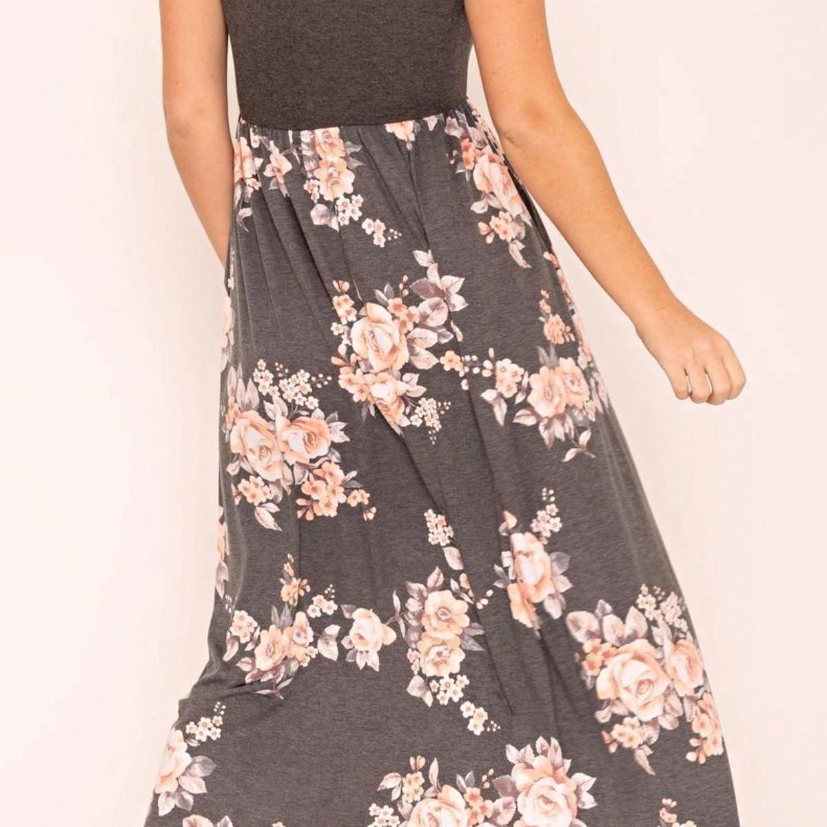 Boho Retro Multi Ditsy Floral Stripe Blue Charcoal Black Coral Short Sleeve Maxi Long Dress With Pocket | S-3X