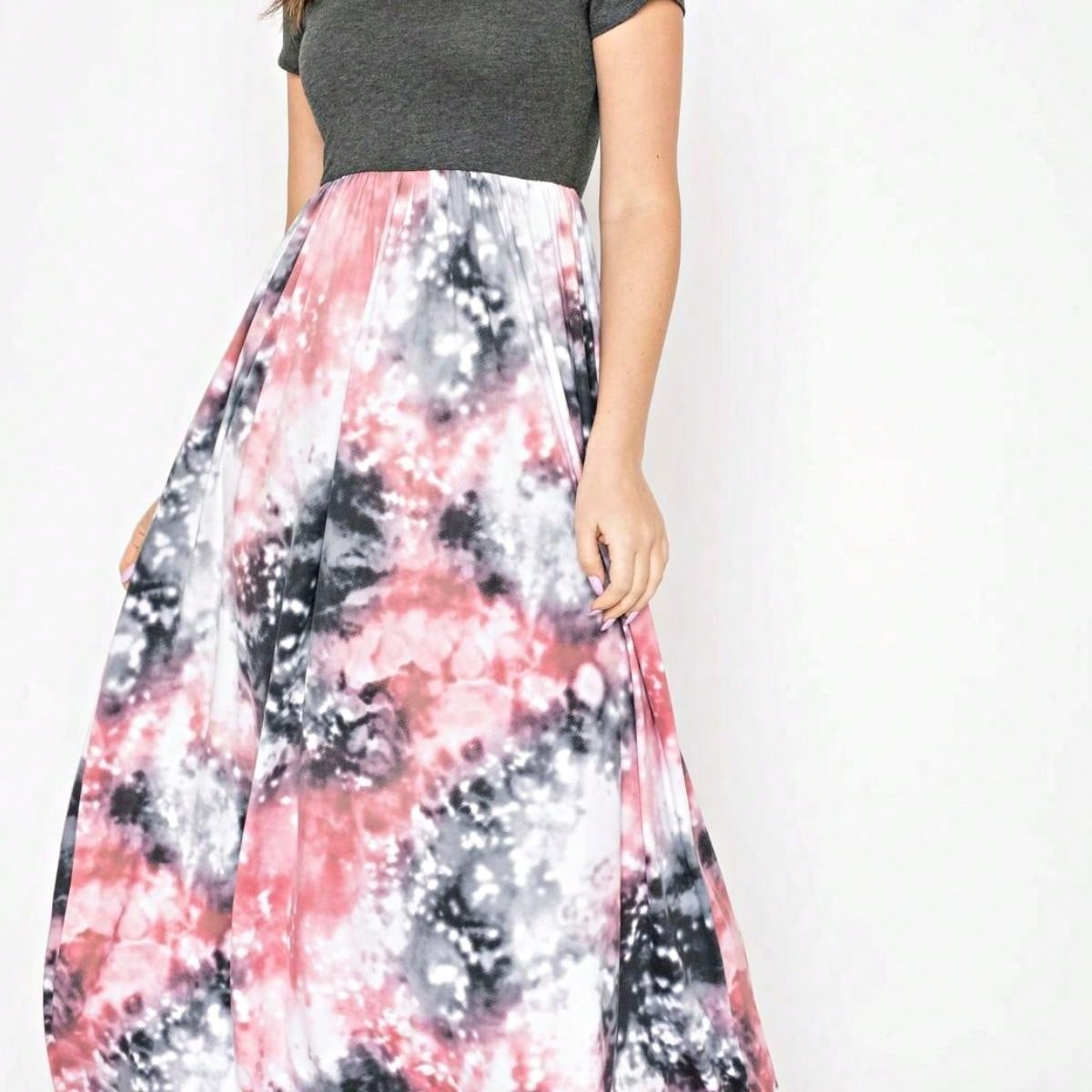Boho Retro Multi Ditsy Floral Stripe Blue Charcoal Black Coral Short Sleeve Maxi Long Dress With Pocket | S-3X