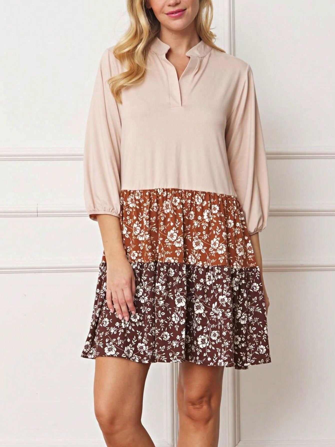 Summer Boho Retro Ditsy Floral  Notch Neck Bubble Sleeve Y2K Tiered Color Block Dress|  Small -3 XL
