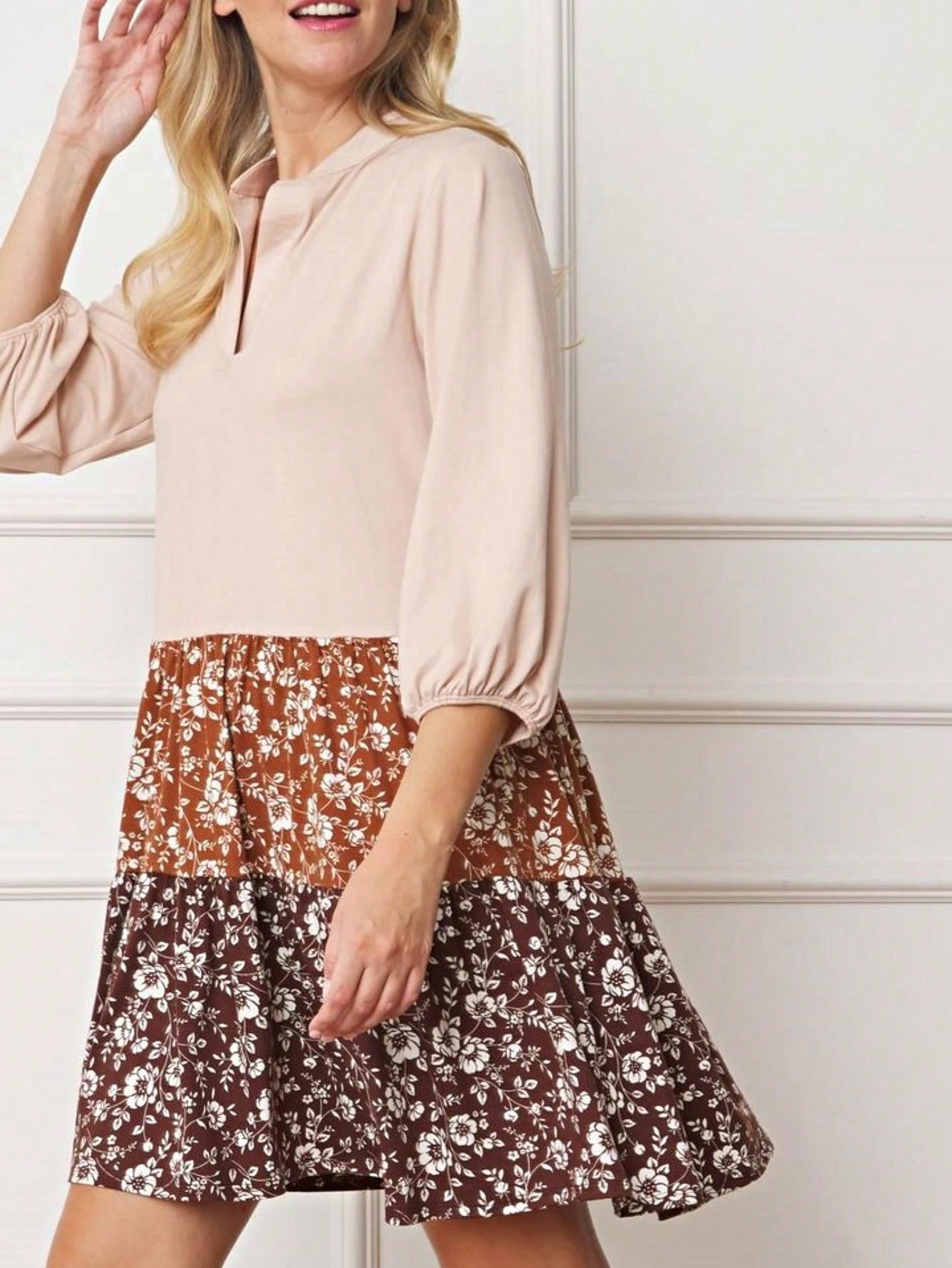 Summer Boho Retro Ditsy Floral  Notch Neck Bubble Sleeve Y2K Tiered Color Block Dress|  Small -3 XL