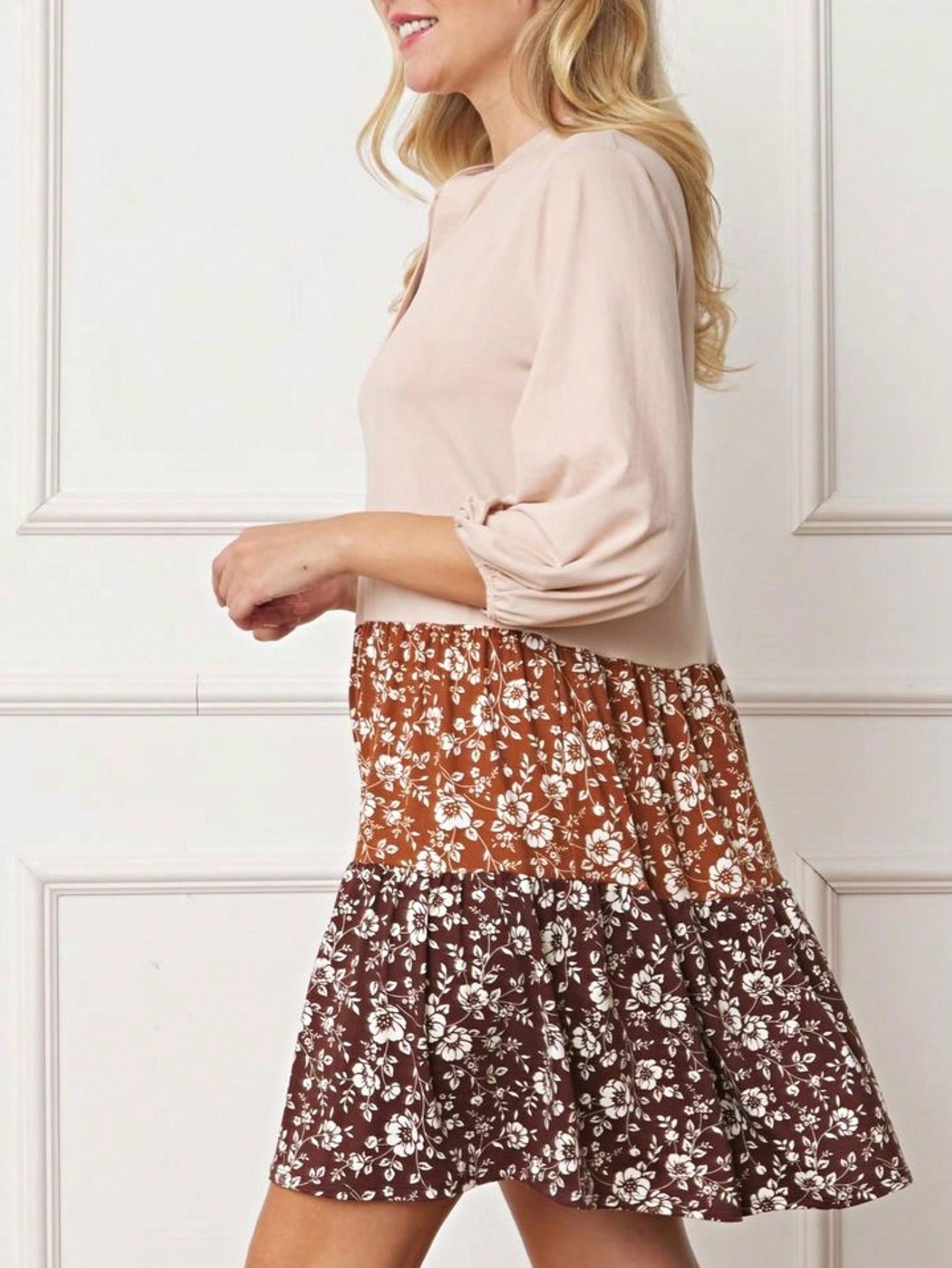 Summer Boho Retro Ditsy Floral  Notch Neck Bubble Sleeve Y2K Tiered Color Block Dress|  Small -3 XL