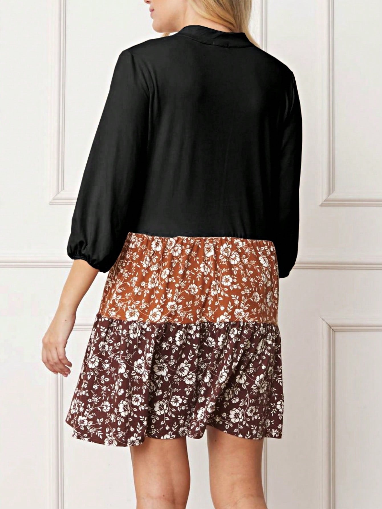 Summer Boho Retro Ditsy Floral  Notch Neck Bubble Sleeve Y2K Tiered Color Block Dress|  Small -3 XL