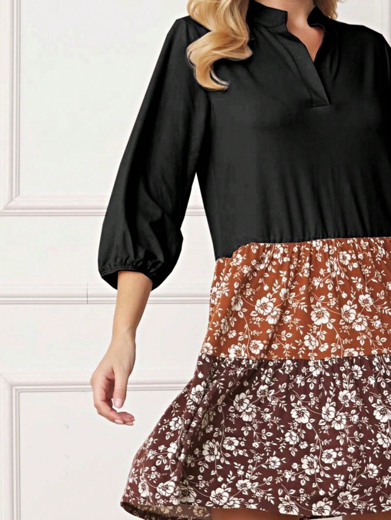 Summer Boho Retro Ditsy Floral  Notch Neck Bubble Sleeve Y2K Tiered Color Block Dress|  Small -3 XL