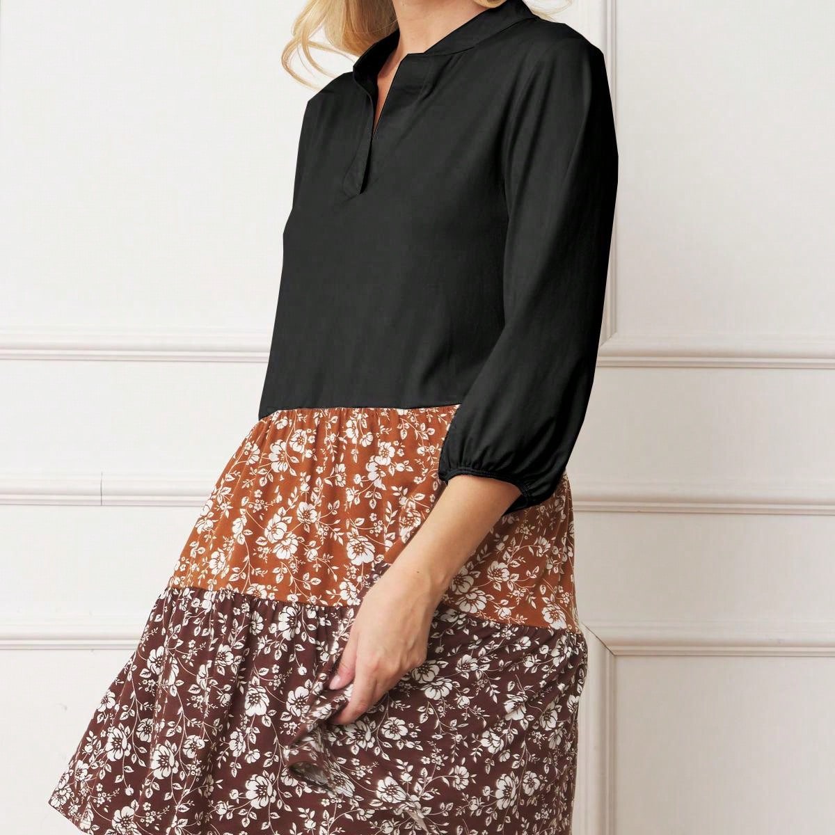 Summer Boho Retro Ditsy Floral  Notch Neck Bubble Sleeve Y2K Tiered Color Block Dress|  Small -3 XL