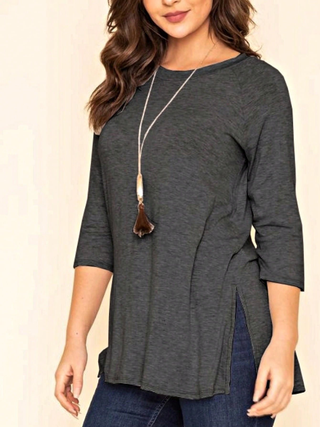 Boho Retro Solid Color Side Slit Quarter Sleeve High And Low Raglan Pleated Back  Rayon Soft Top Shirt Blouse | Small-3 XL