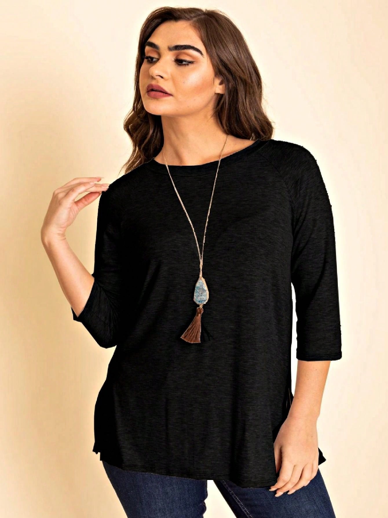Boho Retro Solid Color Side Slit Quarter Sleeve High And Low Raglan Pleated Back  Rayon Soft Top Shirt Blouse | Small-3 XL