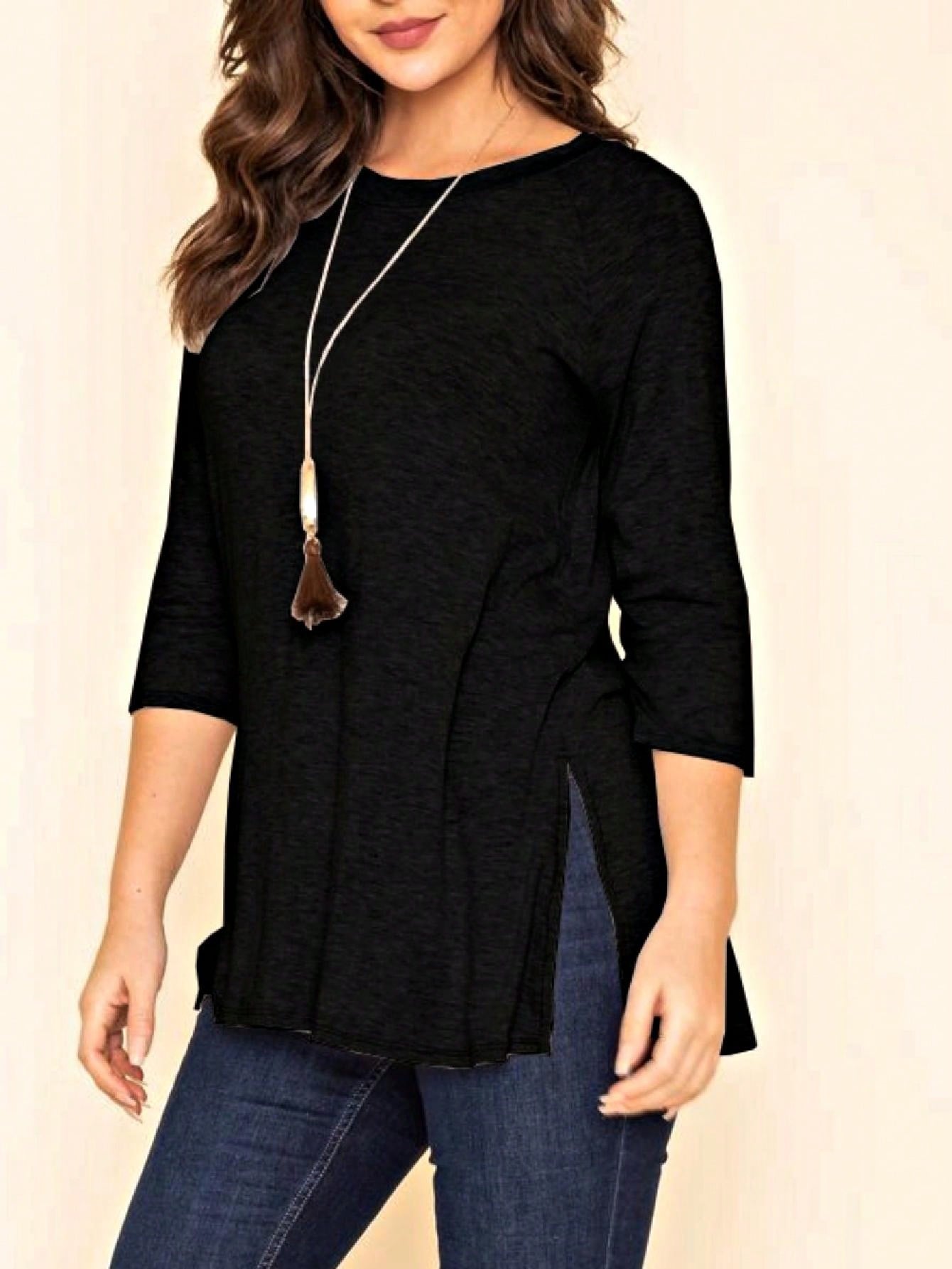 Boho Retro Solid Color Side Slit Quarter Sleeve High And Low Raglan Pleated Back  Rayon Soft Top Shirt Blouse | Small-3 XL